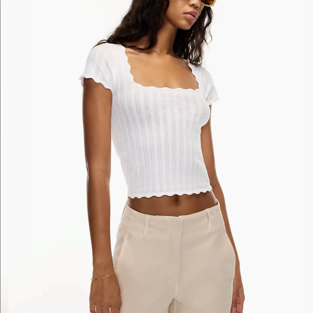 Aritzia Wilfred white Parcel Sweater Short-sleeve pointelle top medium scallop - Picture 7 of 7